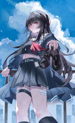  1104373248 absurdres black_hair black_jacket black_serafuku black_shirt black_shoes black_skirt blue_sky chisa_(wuthering_waves) closed_mouth commentary crop_top day female hair_ribbon highres holding holding_shoes holding_unworn_clothes id_card jacket loafers long_hair long_sleeves looking_at_viewer navel neckerchief outdoors red_eyes red_neckerchief red_ribbon ribbon sailor_collar school_uniform serafuku shirt shoes skirt sky solo unworn_shoes white_sailor_collar wuthering_waves 