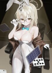  absurdres akane_(blue_archive) akane_(bunny)_(blue_archive) animal_ears aqua_bow aqua_bowtie black-framed_eyewear blonde_hair blue_archive blue_bow blue_bowtie bow bowtie brown_halo brown_shawl card commentary detached_collar fake_animal_ears female gloves hair_between_eyes halo highres leotard not_forever2w official_alternate_costume pantyhose plaid_clothes plaid_shawl playboy_bunny rabbit_ears shawl sitting smile strapless strapless_leotard untranslatable_commentary white_gloves white_leotard white_pantyhose yellow_eyes 