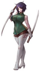  bare_shoulders blue_eyes blue_hair boots breasts brown_pantyhose chinese_clothes commentary_request dual_wielding female frown full_body gloves gold_trim green_shirt high_heel_boots high_heels highres holding holding_sword holding_weapon ikki_(sekirei) large_breasts looking_at_viewer messy_hair multiple_swords number_print pantyhose reverse_grip ryonajoa1991 sekirei shirt short_hair sidelocks simple_background single_stripe sleeveless sleeveless_shirt striped_clothes striped_shirt sword thigh_boots turtleneck v-shaped_eyebrows weapon white_background white_boots white_gloves 