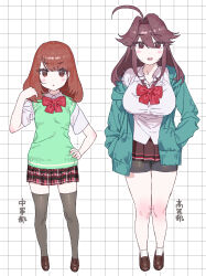  2girls absurdres ahoge alternate_costume ankle_socks bike_shorts black_thighhighs bow breasts brown_eyes chara_(facing_demons) chara_(undertale) commentary_request facing_demons green_jacket heart_soma highres jacket large_breasts long_hair medium_hair multiple_girls plaid_clothes plaid_skirt red_bow red_eyes skirt small_breasts socks thighhighs undertale utdr_(toby_fox) 