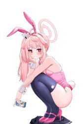  absurdres ahoge alternate_costume animal_ears black_thighhighs blue_archive bow bowtie commentary_request detached_collar drink_carton elbow_rest fake_animal_ears fake_tail female full_body halo hand_on_own_cheek hand_on_own_face head_rest highleg highleg_leotard highres holding holding_milk_carton leotard looking_at_viewer milk_carton natsu_(blue_archive) pantoking pink_hair pink_halo playboy_bunny rabbit_ears rabbit_tail side_ponytail skirt solo squatting strapless strapless_leotard tail thighhighs unworn_skirt white_background white_wrist_cuffs wrist_cuffs 
