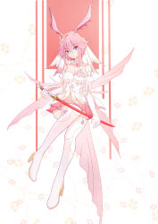  absurdres animal_ears blue_eyes boots breasts chinese_commentary cleavage commentary_request dress elbow_gloves female fox_ears full_body gloves hhs240 highres holding holding_sword holding_weapon honkai_(series) honkai_impact_3rd katana large_breasts pink_hair solo sword thigh_boots weapon wedding_dress white_boots white_dress white_gloves yae_sakura yae_sakura_(dream_raiment) yae_sakura_(flame_sakitama) 