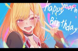  absurdres birthday black_border black_sweater blonde_hair blue_background blurry blurry_foreground border character_name collarbone commentary_request english_text eyelashes female ganetto29 happy_birthday highres kitagawa_marin red_eyes shirt sono_bisque_doll_wa_koi_wo_suru sweater upper_body v white_shirt 