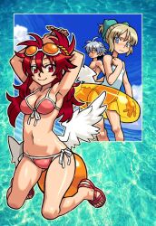  1boy 2girls antenna_hair aqua_bow armpits arms_up ball beachball bikini blonde_hair blue_eyes bow breasts cleavage closed_mouth commentary_request eyewear_on_head feathered_wings hairbow hand_on_own_chest harakawa_mitsuhiro highres homura_kai kneeling large_breasts long_hair low_wings multiple_girls nanjouin_kiriko navel ocean official_art one-piece_swimsuit pink_bikini red_eyes red_hair red_sandals sandals shinrabanshou shiten_rekka_karin short_hair small_breasts sunglasses swim_ring swimsuit white_one-piece_swimsuit white_wings wings yellow_eyes 