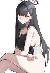  absurdres alternate_costume bare_shoulders black_hair black_halo black_one-piece_swimsuit blue_archive blunt_bangs breasts bright_pupils collarbone commentary_request crossed_legs female groin hair_ornament hairclip halo highres katagiri_nanoka large_breasts long_hair looking_at_viewer multicolored_halo one-piece_swimsuit red_eyes red_halo rio_(blue_archive) simple_background sitting solo swimsuit thighs two-tone_halo very_long_hair white_background white_pupils 