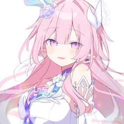  absurdres breasts commentary_request cyrene_(demiurge)_(honkai:_star_rail) cyrene_(honkai:_star_rail) dress earrings female flower hair_flower hair_ornament halo highres honkai:_star_rail honkai_(series) jewelry large_breasts looking_at_viewer multicolored_hair parted_lips pink_hair pointy_ears purple_eyes simple_background smile solo twitter_username two-tone_hair uwasewau white_background white_dress white_hair 