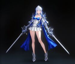  absurdres armor black_background blue_eyes breasts choker closed_mouth colored_eyelashes commentary_request corset crescent crescent_earrings dual_wielding earrings expressionless female full_body gauntlets grey_hair highres holding holding_sword holding_weapon jewelry large_breasts looking_at_viewer miniskirt original pleated_skirt ponytail shoulder_armor single_earring skirt solo standing swept_hilt sword thick_eyelashes weapon white_corset white_skirt yuridango 