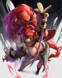  absurdres baiken breasts center_opening cleavage commentary english_commentary eyepatch female full_body guilty_gear guilty_gear_strive highres holding holding_sword holding_weapon japanese_clothes kimono large_breasts long_hair looking_at_viewer nosori parted_lips pink_eyes pink_hair ponytail scar scar_across_eye scar_on_face solo sweat sword weapon 