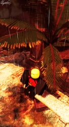  bald bench blood blood_splatter die_of_death female from_above frown full_body highres impaled mequot_(die_of_death) palm_tree puddle rain roblox sitting solo stab svellamushire sword tree weapon 