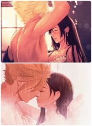  1boy against_wall arm_up back bare_shoulders black_hair blonde_hair blurry blurry_background blush bra breasts cleavage closed_eyes cloud_strife commentary couple earrings english_commentary facing_another female final_fantasy final_fantasy_vii final_fantasy_vii_remake from_side hand_on_another's_chest highres imminent_kiss indoors jewelry lace-trimmed_bra lace_trim lady_ktea large_breasts long_hair looking_at_another multiple_views nude parted_lips profile red_eyes shared_bathing short_hair showering single_earring spiked_hair split_screen straight teardrop_earrings tifa_lockhart topless_male underwear undressing upper_body water wet wet_hair 