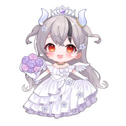  :d bare_shoulders black_hair blush bouquet breasts chibi chitetan cleavage commentary_request copyright_request dotted_line dress female flower full_body grey_hair hair_between_eyes heart holding holding_bouquet horns jewelry long_hair looking_at_viewer medium_breasts multicolored_hair necklace off-shoulder_dress off_shoulder pearl_necklace pink_flower purple_flower red_eyes shoes simple_background smile solo streaked_hair tiara two_side_up very_long_hair virtual_youtuber watermark white_background white_dress white_shoes white_wings wings 