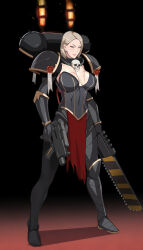  adepta_sororitas armor blonde_hair blue_eyes breasts chainsword cleavage cleavage_cutout closed_mouth clothing_cutout commentary english_commentary female full_body gun holding holding_bolter holding_gun holding_sword holding_weapon large_breasts mikazuki_shigure pauldrons short_hair shoulder_armor skull solo standing sword warhammer_40k weapon 