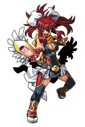  black_dress bow breasts cleavage cleavage_cutout clothing_cutout dress feathered_wings female fingerless_gloves floating_hair gloves gold_trim hair_between_eyes hairbow harakawa_mitsuhiro high_ponytail holding holding_sword holding_weapon large_breasts low_wings official_art open_mouth orange_scarf ponytail red_eyes red_gloves red_hair scarf shinrabanshou shiten_rekka_karin sidelocks sleeveless sleeveless_dress solo sword teeth third-party_source transparent_background upper_teeth_only weapon white_bow white_wings wings 