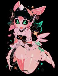  >_< absurdres aria_(zenless_zone_zero) black_background blush closed_eyes commentary facing_viewer female flying_sweatdrops green_eyes highres humanoid_robot open_mouth pink_hair robot robot_girl simple_background solo usa37107692 wings zenless_zone_zero 