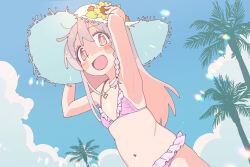  :d bikini commentary_request day female flat_chest flower frilled_bikini frills hat long_hair navel onii-chan_wa_oshimai! open_mouth outdoors oyama_mahiro smile solo swimsuit tanpaku_(oqu_2) 
