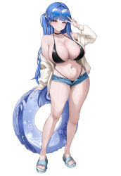  absurdres alternate_costume arcana_(nikke) arm_at_side barbell_piercing bare_legs bare_shoulders bikini bikini_under_clothes black_bikini black_choker blue-tinted_eyewear blue_hair blue_sandals blue_shorts blunt_bangs blush breasts choker cleavage closed_mouth collarbone commentary cutoffs denim denim_shorts ear_piercing earrings eyewear_on_head female flower full_body goddess_of_victory:_nikke hair_flower hair_intakes hair_ornament halterneck hand_up highleg highleg_bikini highres huge_breasts industrial_piercing innertube jacket jewelry long_hair long_sleeves looking_at_viewer micro_shorts navel off_shoulder one_side_up open_clothes open_fly open_jacket open_shorts piercing purple_eyes round_eyewear sandals shorts simple_background small_chair_(xiaosaiyi33818) smile solo standing stomach string_bikini sunglasses swim_ring swimsuit tinted_eyewear v very_long_hair white_background white_jacket 