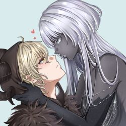  1boy bare_shoulders black_dress black_gloves black_horns black_skin blonde_hair blue_background breasts brown_cloak caprico_(shining_nikki) cleavage cloak colored_eyelashes colored_inner_hair colored_skin commentary curled_horns dress elbow_gloves english_commentary eye_contact female fur-trimmed_cloak fur_trim gloves glow_(shining_nikki) goat_horns grey_eyes hair_between_eyes hand_on_another's_neck head_tilt heart hexagram highres hood hood_up hooded_cloak horned_hood horns lipstick long_hair long_sidelocks looking_at_another makeup multicolored_hair nikki_(series) nonoberry22 parted_lips pointy_nose print_dress shining_nikki short_hair sidelocks simple_background star_(symbol) star_beyond_galaxy_(shining_nikki) star_print straight strapless strapless_dress upper_body very_long_hair white_hair yellow_eyes 