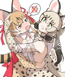  2girls alcohol animal_ears beer bow bowtie breasts brown_eyes brown_hair cat_ears cat_girl cat_tail cleavage commentary_request extra_ears geoffroy's_cat_(kemono_friends) green_eyes grey_hair highres kemono_friends kemono_friends_v_project large-spotted_genet_(kemono_friends) large_breasts llb multiple_girls ribbon shirt simple_background skirt tail twintails virtual_youtuber 