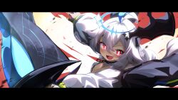  :d absurdres antenna_hair apollo_(twinkle_star_knights) backlighting black_gloves black_jacket blue_hair blue_halo blush breasts bright_pupils center_opening chains choker commentary_request eye_trail female fighting_stance fingerless_gloves four-pointed_star gloves glowing glowing_eyes hair_between_eyes hair_ornament halo highres holding holding_sword holding_weapon jacket jacket_on_shoulders leotard letterboxed light_trail long_hair long_sleeves looking_at_viewer multicolored_hair oerba_yun_fang open_mouth puffy_long_sleeves puffy_sleeves rakkyo_(nebiusu30) red_eyes small_breasts smile solo spiked_halo star_(symbol) star_hair_ornament sword sword_hair_ornament twinkle_star_knights two-tone_hair upper_body weapon white_hair white_leotard white_pupils 