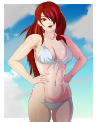  bare_arms bare_legs bikini breasts cleavage commentary crossiart english_commentary female hair_over_one_eye hands_on_own_hips highres kirijou_mitsuru large_breasts looking_at_viewer navel persona persona_3 persona_4:_the_ultimate_in_mayonaka_arena red_eyes red_hair smile solo swimsuit thighs white_bikini 