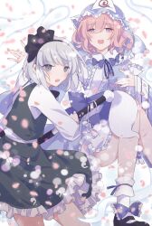  2girls black_hairband black_shoes blue_eyes blue_hat blue_kimono blue_ribbon commentary_request falling_petals frilled_kimono frilled_skirt frills green_skirt green_vest grey_hair hairband hat highres hitodama hitodama_print holding holding_sword holding_weapon japanese_clothes kimono konpaku_youmu long_sleeves looking_at_viewer loveyuzu mary_janes medium_hair mob_cap multiple_girls neck_ribbon open_mouth petals pink_eyes pink_hair pink_petals ribbon saigyouji_yuyuko sheath shoes skirt skirt_set sleeve_garter socks sword touhou triangular_headpiece unsheathing vest weapon white_socks wide_sleeves 