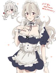  ;o absurdres alternate_costume alternate_hairstyle apron bare_arms black_dress black_nails blowing_kiss breasts cleavage collarbone commentary_request dress female female_corrin_(fire_emblem) finger_heart fire_emblem fire_emblem_fates frilled_apron frills grey_hair hair_between_eyes hand_on_own_chest hand_up highres large_breasts long_hair looking_at_viewer maid maid_apron maid_headdress nail_polish one_eye_closed open_mouth pointy_ears puffy_sleeves red_eyes smile sou_mei thighhighs thighs twintails white_apron white_thighhighs 