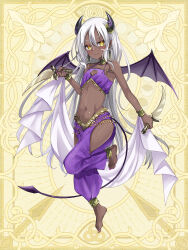 anklet barefoot black_horns black_wings bracelet chain_paradox dagger dark-skinned_female dark_skin demon_girl dual_wielding earrings female flat_chest full_body gold_trim hair_between_eyes highres holding holding_dagger holding_knife holding_weapon honoka_(pandatype) horn_ornament horns jewelry knife long_hair navel pants pink_nails pointy_ears purple_pants side_slit very_long_hair weapon white_hair wings yellow_background yellow_eyes 