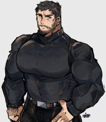  1boy absurdres artist_logo bara beard belt black_hair black_shirt chris_redfield commentary covered_abs covered_navel facial_hair graysheartart harness highres large_pectorals logo looking_at_viewer male_focus mature_male moustache muscular muscular_male pants pectorals resident_evil shirt short_hair sideburns solo stubble sweater thick_eyebrows tight_clothes tight_shirt 