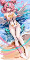  adapted_costume alternate_breast_size_(larger) aqua_hair aria_(zenless_zone_zero) arm_behind_back bare_shoulders beach blue_eyes bow breasts cleavage commentary covered_navel english_commentary female fingerless_gloves gloves green_bow hair_between_eyes highres holding large_breasts liang_xing looking_at_viewer multicolored_hair one_eye_closed open_mouth outdoors pink_gloves pink_hair signature sitting smile streaked_hair swimsuit symbol-shaped_pupils teeth thighhighs upper_teeth_only water wet white_thighhighs white_wings wings zenless_zone_zero 