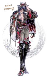  1boy alternate_costume ashveil_(honkai:_star_rail) belt black_hair boots chains commentary_request crescent cutoffs earrings eye_print fedora full_body gem gradient_hair hat high_heel_boots high_heels highres honkai:_star_rail honkai_(series) jewelry light_smile long_hair male_focus mensang multicolored_hair necklace open_clothes pants pectoral_cleavage pectorals single_earring strap white_background 