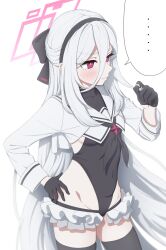  ... absurdres angryangrykim black_gloves black_hairband black_leotard blue_archive blush commentary cosplay cowboy_shot embarrassed female frilled_thigh_strap gloves hair_between_eyes hairband half_gloves halo halter_leotard halterneck hand_on_own_hip highleg highleg_leotard highres kei_(blue_archive) kei_(new_body)_(blue_archive) leotard long_hair long_hair_between_eyes looking_to_the_side pink_eyes pink_halo rectangular_halo ringed_eyes shimiko_(blue_archive) shimiko_(blue_archive)_(cosplay) shrug_(clothing) solo spoken_ellipsis super_highleg thigh_strap turtleneck turtleneck_leotard twirling_hair white_hair white_shrug 