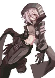  1other absurdres alternate_costume androgynous black_boots black_eyes black_gloves black_jacket boots closed_mouth commentary_request crona_(soul_eater) cropped_jacket floating_clothes foot_out_of_frame gloves grey_jacket groin hair_between_eyes high_collar highres jacket long_sleeves looking_at_viewer medium_hair navel other_focus pants pink_hair ribs shirt simple_background skull_belt sleeveless sleeveless_jacket solo soul_eater white_background xijiux859985 