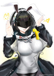  absurdres alternate_breast_size_(larger) animal_ear_hairband animal_ears arknights arknights:_endfield bilibili_watermark black_coat black_hair black_pantyhose breasts chinese_commentary coat commentary_request cowboy_shot endministrator_(arknights) fake_animal_ears female female_endministrator_(arknights) hairband heart highres large_breasts long_sleeves open_clothes open_coat open_mouth pantyhose rabbit_ear_hairband rabbit_ears rabbit_pose short_hair smile solo standing watermark white_background white_hairband xiwang_ni_kaixin_de_suo_suo_zi yellow_background 