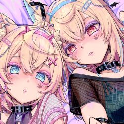  2girls alto_seneka black_shirt black_shorts black_tube_top blonde_hair blue_bra blue_eyes blue_hair blue_nails blush bra breasts commentary cropped cropped_shirt english_commentary eyeshadow fishnet_top fishnets fuwawa_abyssgard glitter highres hololive hololive_english large_breasts long_hair makeup mococo_abyssgard multicolored_hair multiple_girls navel paid_reward_available pink_eyes pink_eyeshadow pink_hair pink_nails red_background see-through_clothes see-through_shirt shirt short_hair shorts siblings sisters small_breasts strapless streaked_hair teeth tube_top twins two-tone_hair two_side_up underwear upper_teeth_only virtual_youtuber 