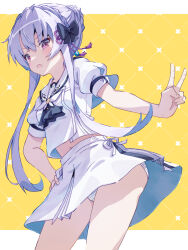  :o akayama_yukihe ascot ass black_ascot black_bow blue_hair blush bow braid cameltoe commentary_request cowboy_shot crown_braid dutch_angle female from_below frown hair_between_eyes hair_bun hairbow hand_on_own_hip highres long_hair looking_at_viewer midriff miniskirt navel open_mouth panties puffy_short_sleeves puffy_sleeves red_eyes sailor_collar school_uniform serafuku shirt short_sleeves sidelighting simple_background single_hair_bun skirt solo sorakado_ao striped_clothes striped_panties summer_pockets summer_pockets_school_uniform thighs underwear v v-shaped_eyebrows very_long_hair white_sailor_collar white_serafuku white_shirt white_skirt yellow_background 