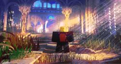  arched_window blood blood_on_clothes commentary die_of_death female full_body grass highres impaled indoors lens_flare light_rays mequot_(die_of_death) overgrown railing roblox rock solo stab standing svellamushire sword tile_floor tiles weapon window 