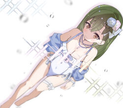  armpit_crease bare_shoulders bead_necklace beads blue_flower blue_jacket blue_moment_(love_live!) breasts brown_eyes cleavage commentary_request cosplay covered_navel female flower frilled_one-piece_swimsuit frills green_hair hair_flower hair_ornament highres jacket jacket_partially_removed jewelry kachimachi_kosuzu kachimachi_kosuzu_(cosplay) link!_like!_love_live! llb long_hair long_sleeves love_live! morning_glory necklace ogami_sachi one-piece_swimsuit pink_flower solo sweatdrop swimsuit textless_version virtual_youtuber white_one-piece_swimsuit 