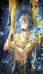  1boy abs armlet bandaid bishounen black_choker bleeding blood blue_flower choker closed_mouth commentary_request cowboy_shot expressionless flower gold_blood grey_hair hair_between_eyes highres holding holding_sword holding_weapon honkai:_star_rail honkai_(series) jewelry looking_up lv_zhu_xuan male_focus navel pectorals phainon_(honkai:_star_rail) scar scar_on_arm scar_on_neck short_hair solo sword toned toned_male topless_male weapon 