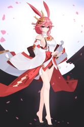  absurdres animal_ears bare_shoulders barefoot breasts closed_mouth cosplay female fox_ears full_body genshin_impact hair_ornament highres holding holding_sword holding_weapon honkai_(series) honkai_impact_3rd large_breasts looking_at_viewer mihoyo nabiyan name_connection petals pink_hair purple_eyes sakura_ayane solo standing sword tiptoes voice_actor_connection weapon white_sleeves yae_miko yae_miko_(cosplay) yae_sakura yae_sakura_(flame_sakitama) 
