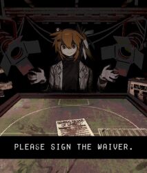  a.i._voice adachi_rei black_hairband black_shirt buckshot_roulette closed_mouth commentary_request dill_(adachi_rei_zero) female gloves hair_ribbon hairband hands_up headlamp looking_at_viewer medium_hair one_side_up orange_eyes orange_hair paper radio_antenna ribbon shirt smile solo stage_lights table turtleneck turtleneck_shirt white_gloves white_ribbon 