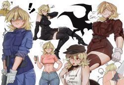  absurdres applying_makeup belt beret blonde_hair blue_eyes breasts elbow_gloves female gloves hat hellsing highres large_breasts lipstick makeup midriff multiple_views police police_uniform policewoman red_eyes seras_victoria short_hair solo thighhighs vampire white_background white_gloves yablofap 