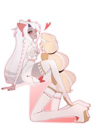  2girls aroused blonde_hair boots bow charlie_morningstar circle_facial_mark colored_sclera colored_skin demon_girl facial_mark grey_hair grey_skin hairbow hand_in_another's_shorts hazbin_hotel heart hellaverse highres i1i1i1i1i1 invisible_chair multi-tied_hair multiple_girls official_alternate_costume pink_sclera ponytail sitting thigh_boots thighhighs vaggie white_skin white_thighhighs yuri 