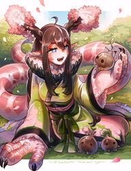  artist_name asian_clothing big_hands blue_eyes breasts brown_hair cherry_blossom clawed_fingers clothing clothing_bow commissioner_name cute_fangs dragon dress east_asian_clothing eastern_dragon female floral_print flower fur_trim grass green_clothing green_dress hair hi_res hogara humanoid humanoid_pointy_ears japanese_clothing kimono light_body light_skin long_tail mythological_creature mythological_scalie mythology obi obijime open_mouth outside pink_body pink_scales plant plant_horn prunus_(flower) pseudo_horn ruff scales scalie signature sitting solo tail text 