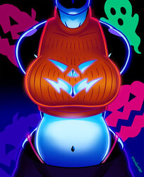  anthro ass big_breasts bodily_fluids breasts cetacean cleavage_cutout cutout dc_comics dolphin female halloween holidays jack-o&#039;-lantern mammal marine navel oceanic_dolphin orca orca_(dc) smile solo sweat sweaty_butt thong_straps toothed_whale transient001 wide_hips 