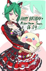  =_= animal_ear_fluff animal_ears black_jacket black_shirt blush_stickers breasts cat_ears character_name cleavage dolldolldd drooling female green_hair happy_birthday highres holding holding_stuffed_toy idol_clothes jacket jewelry kiratto_pri_chan looking_at_viewer medium_breasts midorikawa_sara mouth_drool multiple_views necklace open_mouth pink_eyes plaid plaid_skirt pretty_series red_skirt shirt short_hair skirt smile standing stuffed_animal stuffed_toy 