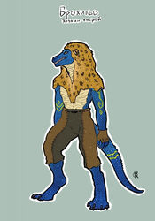  anthro bared_fangs bared_teeth blue_body blue_scales bottomwear broghild_(homm) brown_bottomwear brown_clothing brown_pants claws clothing digital_media_(artwork) fingerless_gloves fur fur_cloak gloves handwear heroes_of_might_and_magic_3 hi_res male markings outline pants ponynok reptile scales scalie solo spots spotted_body spotted_fur tail yellow_eyes yellow_markings 