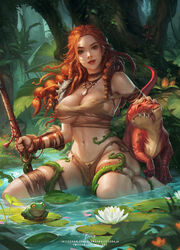  amazon_warrior blondynkitezgraja body_freckles breasts brown_hair brown_tube_top cleavage covered_nipples dinosaur dreadlocks facepaint female freckles frog headpat highres holding holding_polearm holding_weapon jewelry jungle large_breasts light_smile lily_pad lips loincloth long_hair looking_at_viewer nature navel necklace original outdoors parted_lips partially_submerged polearm red_hair sitting solo strapless thick_thighs thighs tooth_necklace torn_clothes torn_tube_top tube_top underboob wariza weapon wet 