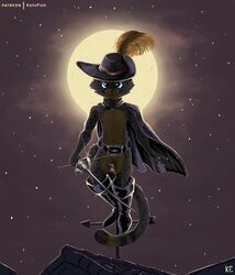  absurd_res anthro black_body black_fur boots cape cheetah claws clothing dreamworks feathers felid feline footwear fur hat headgear headwear hi_res katxfish light male mammal melee_weapon moon moonlight musketeer night puss_in_boots_(dreamworks) rooftop solo star sword tail weapon 