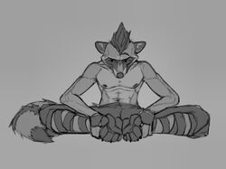  anthro athletic athletic_male clothed clothing grey_background greyscale hi_res male mammal monochrome procyon_(redsummer) procyonid raccoon redsummer simple_background solo stretching topless 