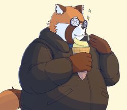  2024 absurd_res ailurid anthro bari_mu belly big_belly brown_body clothing dessert eating eyewear food glasses hi_res ice_cream kemono male mammal orange_body overweight overweight_male red_panda simple_background solo sweater topwear 